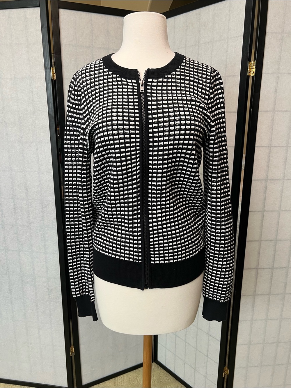 Halogen Black & White Zip-Front Knit Sweater